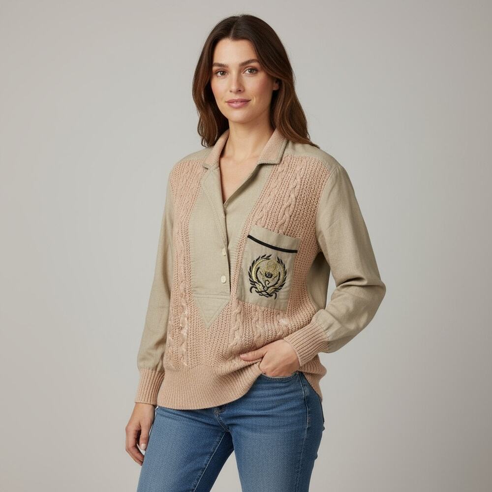 Vintage Sideffects Brown Crest Knitted Sweater Women's Size Small 100% Cotton